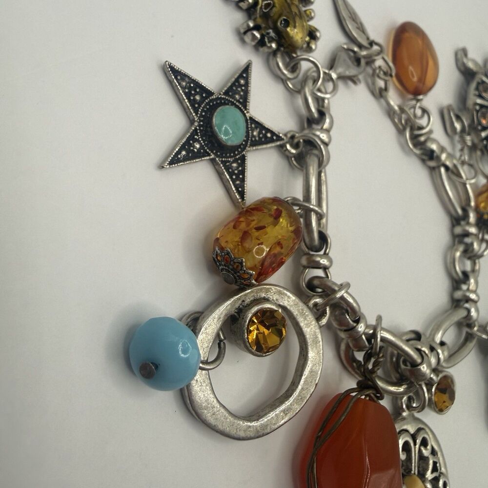 Vintage 925 Sterling Silver Mixed Charm Bracelet Turquoise Amber Frog Turtle 70g - Picture 3 of 14